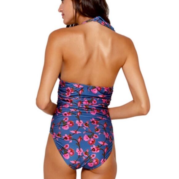 VIX PAULA HERMANNY Fiore Bia Ruched Floral-Print Halterneck Swimsuit Cobalt Blue - Picture 5 of 13